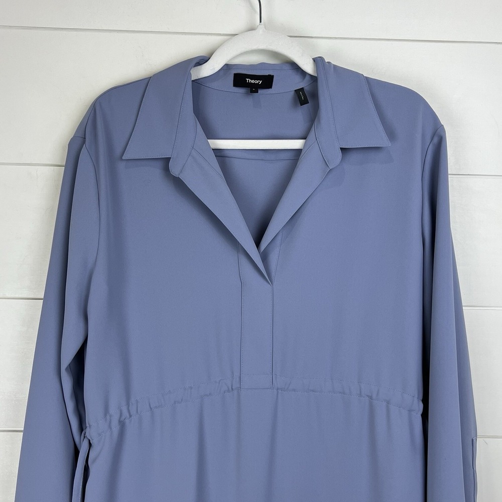 NEW Theory Drawstring Matte Twill Dress Women 6 Blue Midi Long Sleeve - Picture 3 of 13